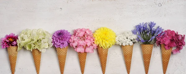 Ice cream cones with beautiful flowers — Stock Photo, Image