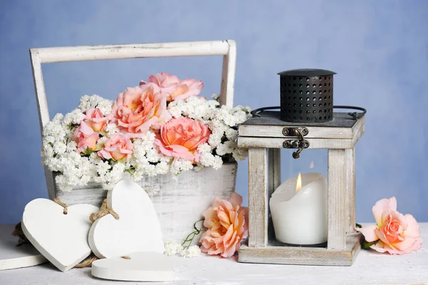 Bouquet Roses Lantern Candle Blue Background — Stock Photo, Image