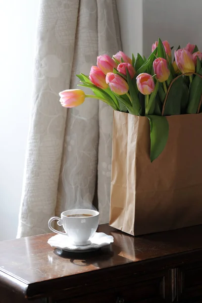 Cup Coffee Paper Bag Pink Tulips — Stock Photo, Image