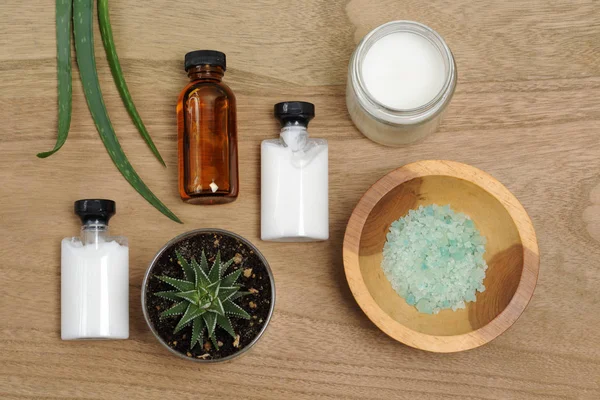 Arreglo Cosméticos Para Cuidado Del Cuerpo Con Aloe Vera Sobre — Foto de Stock