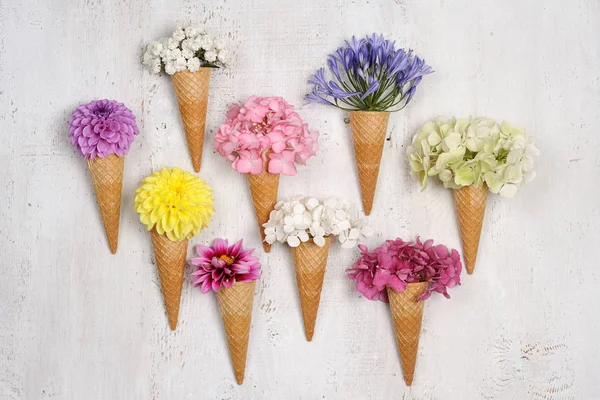 Conos Helado Con Hermosas Flores Multicolores — Foto de Stock