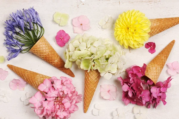 Conos Helado Con Hermosas Flores Multicolores — Foto de Stock