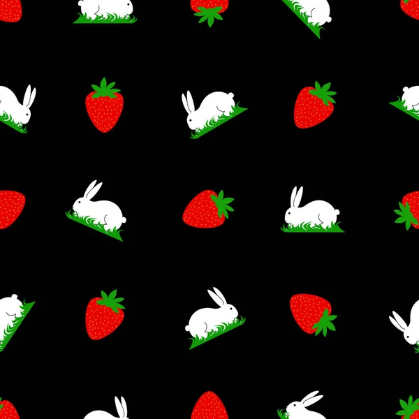 Seamless pattern white bunny on grass and strawberry — Stock Vector