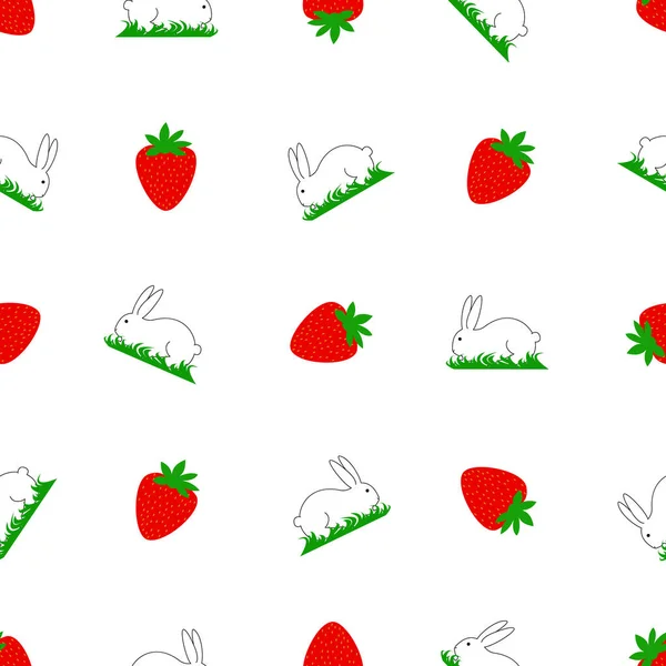 Seamless pattern white bunny on grass and strawberry