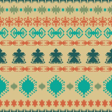 Kızılderili Hint Dikişsiz desen Etnik geleneksel geometrik sanat retro vintage tasarım öğeleri ve okları Aztek Inca Navajo kabile stili vektör çizim arka plan bej yeşil portakal ile