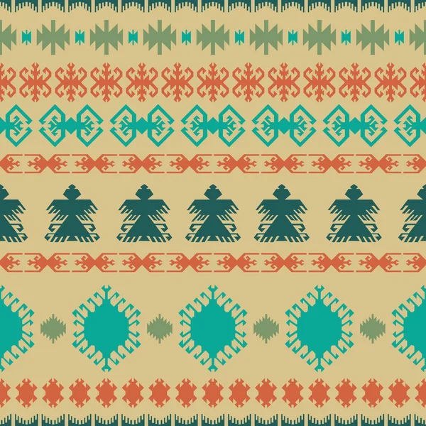 Amérindien motif sans couture ethnique traditionnel art géométrique avec des éléments de design vintage rétro et flèches Aztec Inca Navajo style tribal vectoriel illustration fond beige vert orange — Image vectorielle