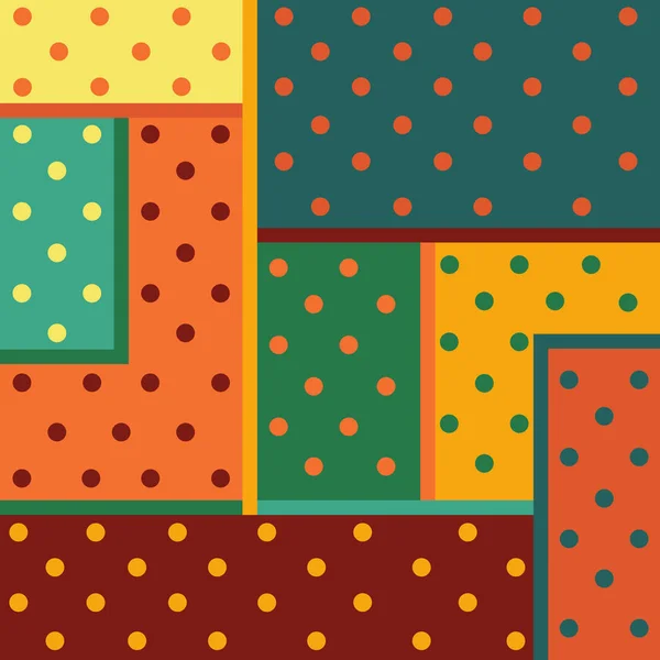 Vintage geometrische achtergrond vector design gevormd door kleurrijke rechthoeken en rechthoekige vormen waarin polka dots en ook kleurrijke lijnen tussen hen oranje roze donker rode turquoise teal beige — Stockvector