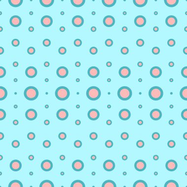 Renkli daireler ve su pembe aqua mavi kabarcıkları gibi sırayla dizilmiş noktalar ile kesintisiz geometrik vintage retro desen tasarım vektör arka plan