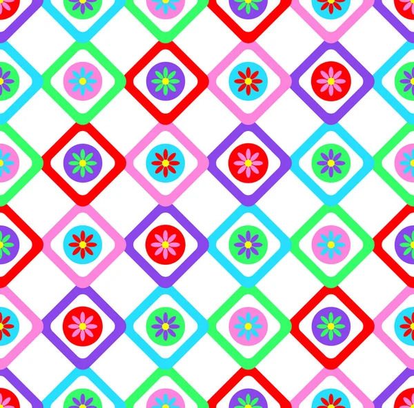 Abstrato geométrico sem costura floral padrão vetor fundo patchwork estilo design com quadrados coloridos e flores de verão primavera — Vetor de Stock