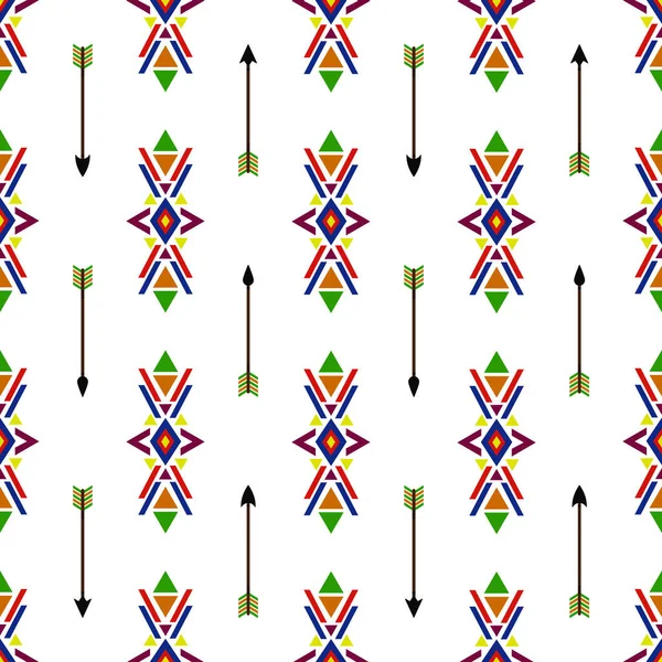 シームレスな幾何学的民族伝統的なネイティブ アメリカン インディアン ナバホ ベクトル パターン ヴィンテージ レトロな背景部族の装飾品と矢印でカラフルなデザイン — ストックベクタ
