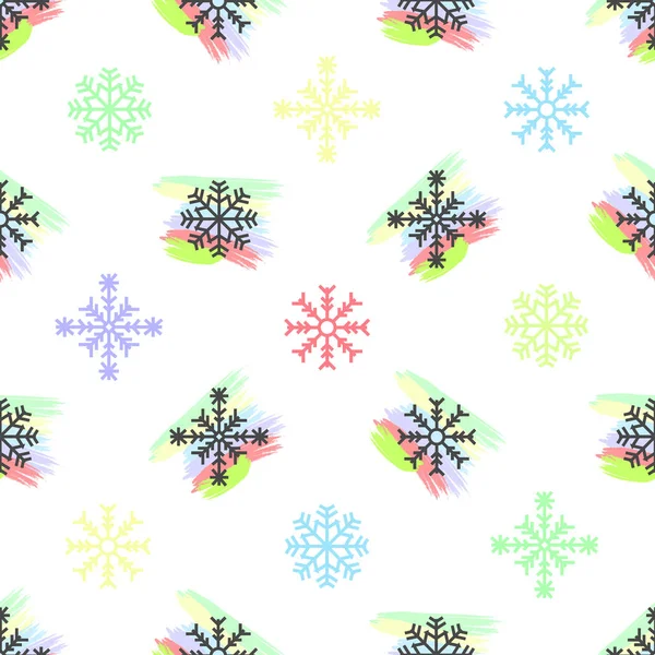 Seamless geometric winter Christmas new year pattern design background with pastel colored colorful snow flakes and rainbow like small backdrops — Stock Vector