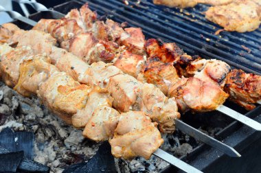 Bir ızgara üzerinde Marine Şaşlık ızgara. Şaşlık şiş kebap Doğu, Orta Avrupa ve diğer yerlerde popüler şeklidir. (Saptırılmış et anlamına gelir) Shashlyk ilk lamb yapıldı. yakın çekim