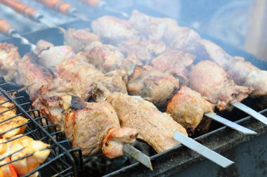 Bir ızgara üzerinde Marine Şaşlık ızgara. Şaşlık şiş kebap Doğu, Orta Avrupa ve diğer yerlerde popüler şeklidir. (Saptırılmış et anlamına gelir) Shashlyk ilk lamb yapıldı. yakın çekim