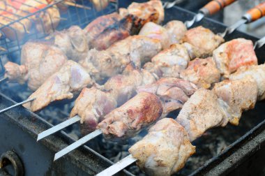 Bir ızgara üzerinde Marine Şaşlık ızgara. Şaşlık şiş kebap Doğu, Orta Avrupa ve diğer yerlerde popüler şeklidir. (Saptırılmış et anlamına gelir) Shashlyk ilk lamb yapıldı. yakın çekim