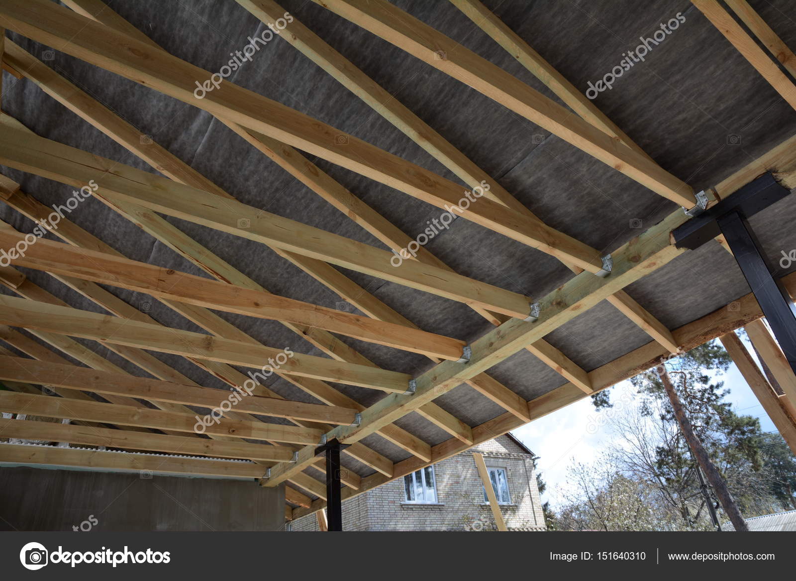Wooden Roof Construction House Building Installation Of Wooden