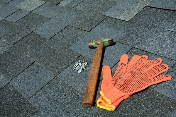 Asphalt Roofing Shingles Background. Roof Shingles - Roofing. Asphalt Roofing Shingles Hammer, Gloves and Nails — Stock Photo, Image