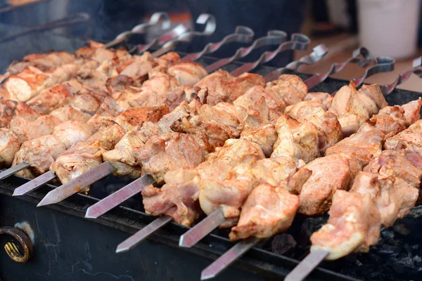 Marine Şaşlık bir barbekü ızgara üzerinde kömür hazırlama. Şaşlık veya şiş kebap Doğu Avrupa'da popüler. Barbekü Izgara sığır eti kebaplar kızartma. Shashlyk (saptırılmış et)