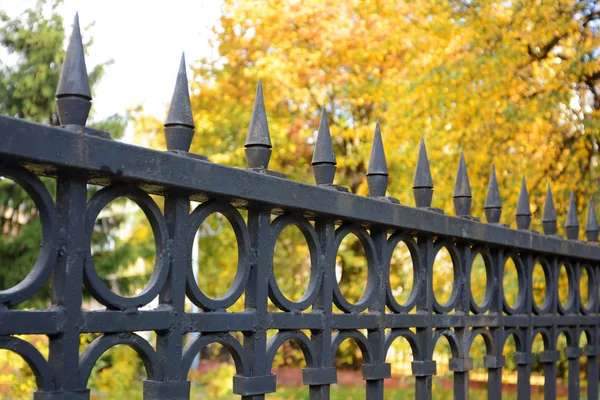 Bela cerca forjada. Imagem de uma cerca de ferro fundido decorativo. cerca de metal perto. Cerca forjada de metal . — Fotografia de Stock