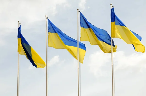 Drapeaux de l'Ukraine et de l'Union européenne (UE) contre le ciel . — Photo