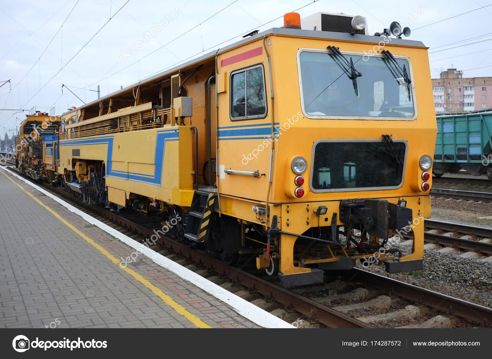 technical railway repair train view on the maintenance train on repair track