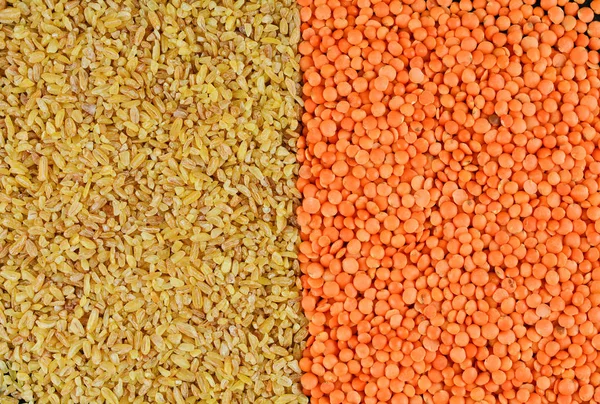 Antecedentes Cereales Orgánicos Naturales Lentejas Bulgur Como Conjunto Para Alimento —  Fotos de Stock