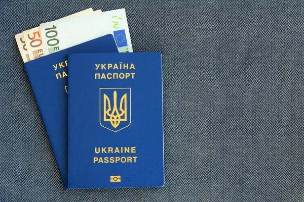 Deux Nouveaux Passeports Biométriques Ukrainiens Avec Billets Euros Sur Fond — Photo