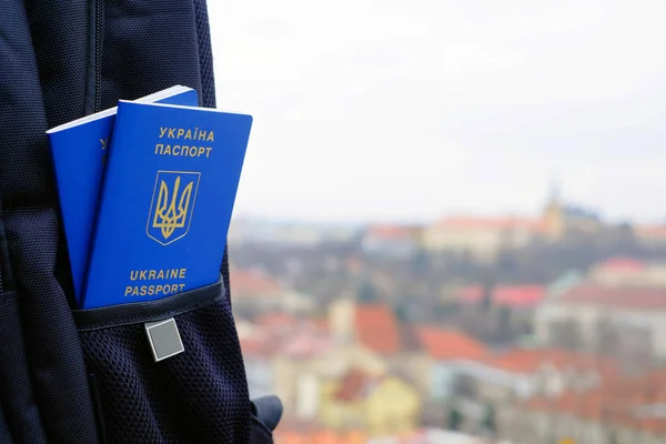 New Ukrainian Blue Biometric Passport Identification Chip Town Background — Stock Photo, Image