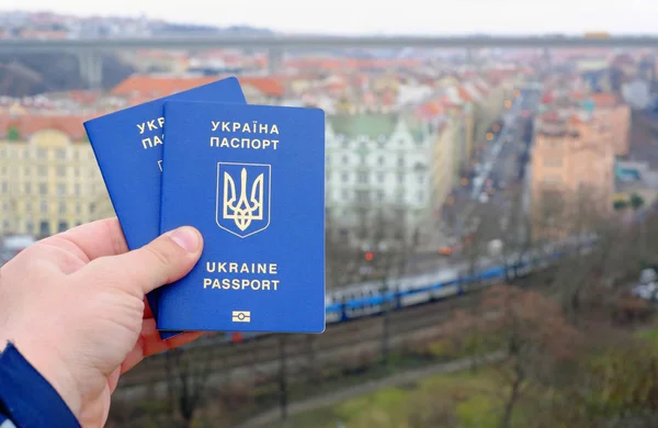 Ukrainian Blue Biometric Passport Identification Chip Rail Road Background — Stock Photo, Image