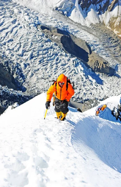 Group of climbers reaches the top of mountain peak. Climbing and mountaineering sport. Teamwork concept. — Stock Photo, Image