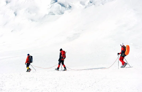 Eine Gruppe von Bergsteigern erreicht den Gipfel des Berges. Klettern und Bergsteigen. Teamwork-Konzept. — Stockfoto