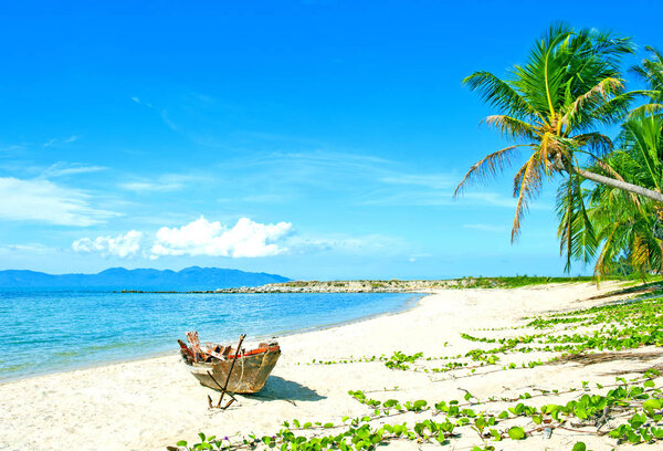 Old fisherman boat with anchor on the tropical palm beach