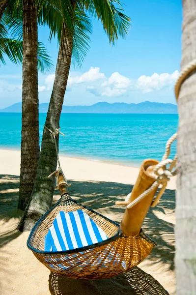 Güzel sahil. Sahildeki iki palmiye ağacının arasındaki hamak. Tatil ve tatil konsepti. Tropik plaj. — Stok fotoğraf