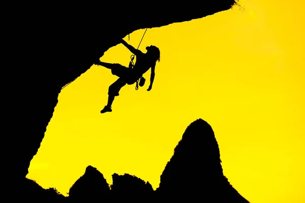 Silhouette Man Climbing Sunset Rock Climber Rock Conquest Climbing Sport — Stock Photo, Image