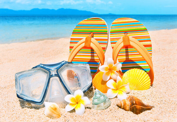 Holidays Background. Seashells and diving mask on the ocean beach