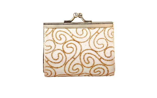 Closed retro purse for coins isolated on white background. White purse with a Golden pattern