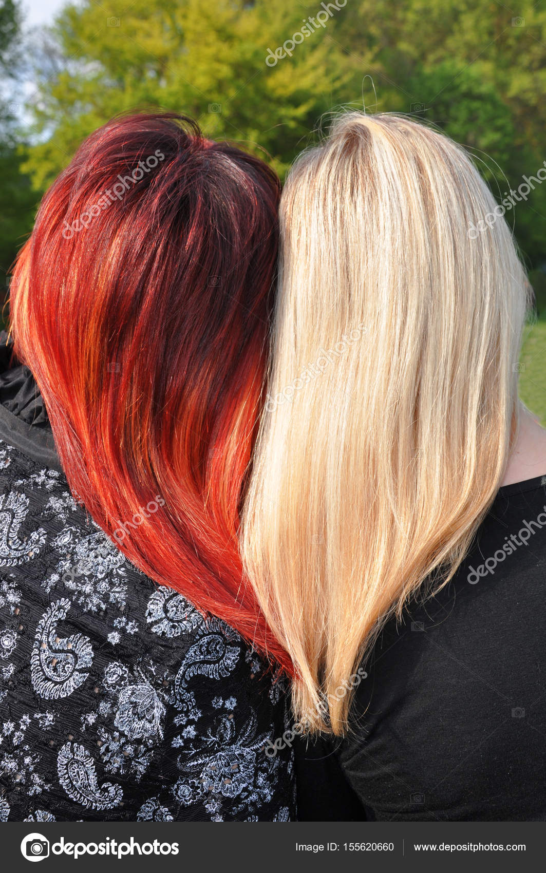 Back View Of Two Woman With Long Bright Red And Blonde Hair Stock Photo C Batechenkofff 155620660