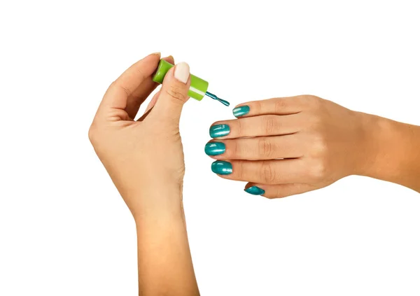 Manicure, painting nails emerald color — Stock Photo, Image