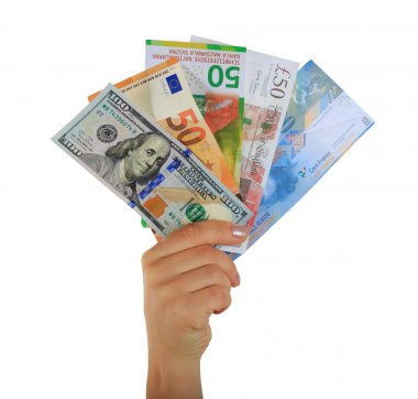el kağıt banknot dolar, Euro, tutan İsviçre Frangı ve İngiliz Sterlini