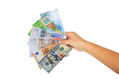 el kağıt banknot dolar, Euro, tutan İsviçre Frangı ve İngiliz Sterlini