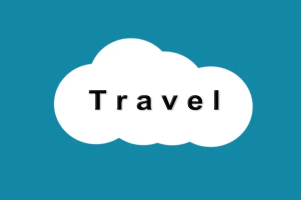 Έννοια του ταξιδιού. κείμενο που ταξιδεύουν σε λευκό σύννεφο σε μπλε φόντο — Φωτογραφία Αρχείου