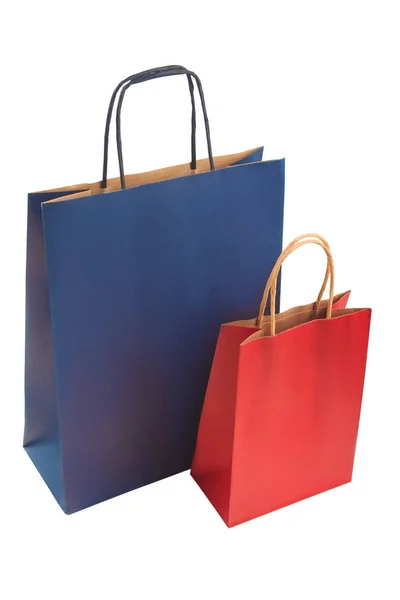Ökológiai újrafeldolgozás papír csomagok, kék és piros papír táskák — Stock Fotó