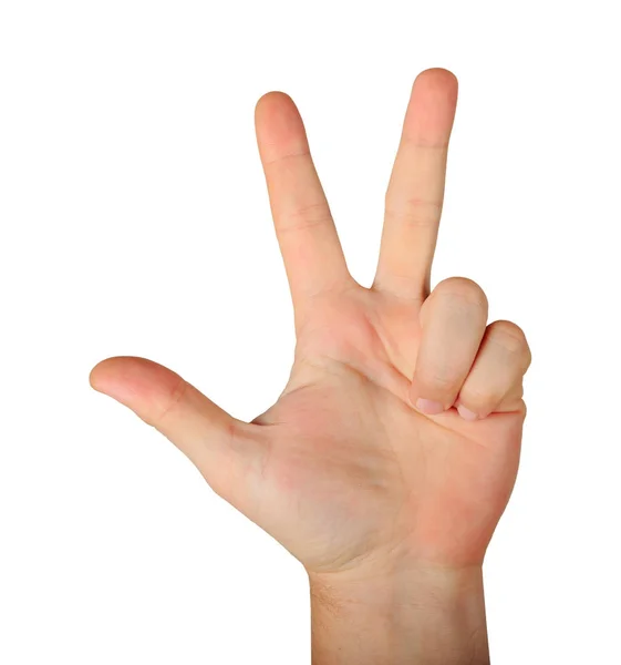Gesto mano masculina palma abierta con tres dedos aislados sobre fondo blanco —  Fotos de Stock