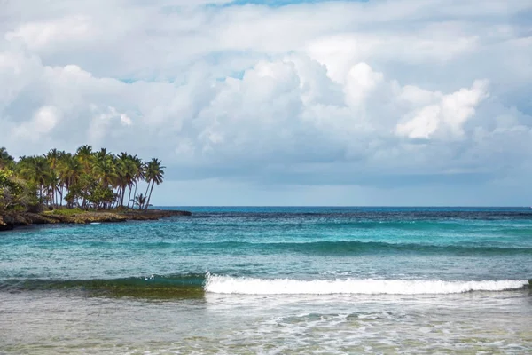 Mare nella Repubblica Dominicana. Mare, riva con palme e cielo con nubi temporalesche — Foto Stock