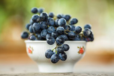 taze sulu olgunlaşmış üzümler beyaz bir kase şarap yapım yeşil yaprakları ile