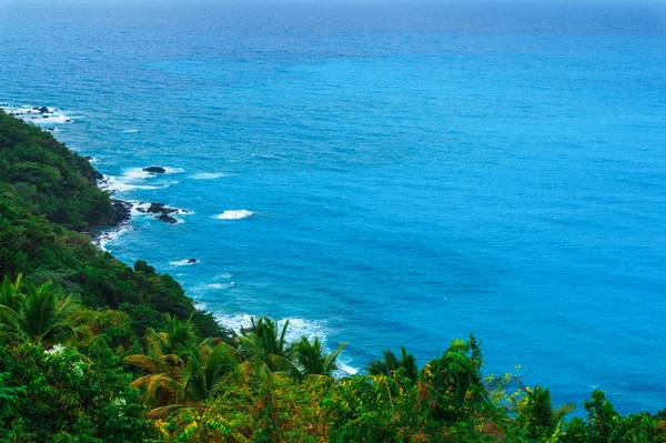 Incantevole paesaggio naturale selvaggio con montagne rocciose ricoperte di fitta giungla verde, palme e limpide acque azzurre dell'oceano marino — Foto Stock
