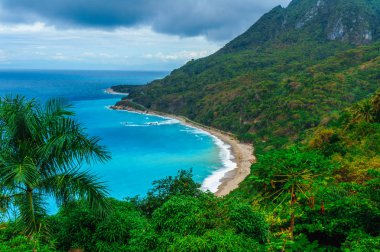 Sulu doğal Tabiat Manzarası Kayalık Dağları büyümüş yoğun yeşil Orman ağacı, palmiye ve berrak deniz okyanusun masmavi su