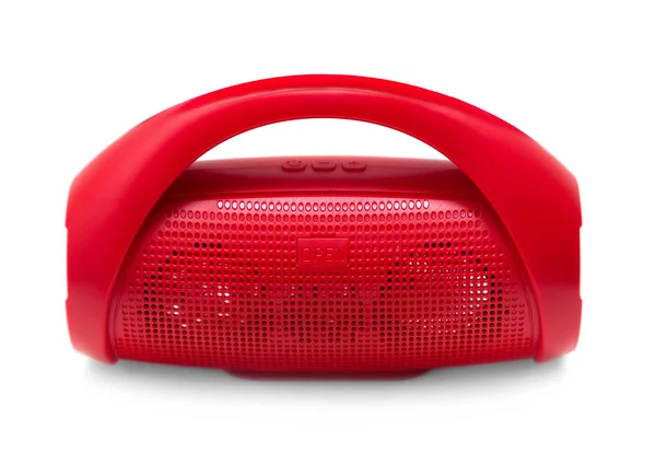 Telefone celular vermelho caixa de som alto-falante isolado no branco — Fotografia de Stock