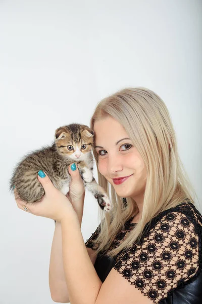 年轻女子手牵着小苏格兰小猫咪 — 图库照片