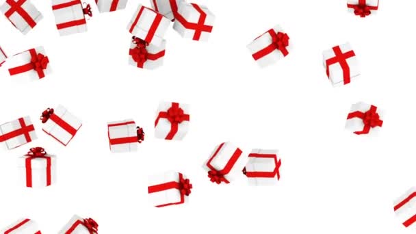 Fallende Weihnachtsgeschenkboxen auf weißem Hintergrund — Stockvideo