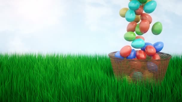 下降复活节彩蛋在一个柳条篮上草坪上的草地上绿色 — 图库视频影像